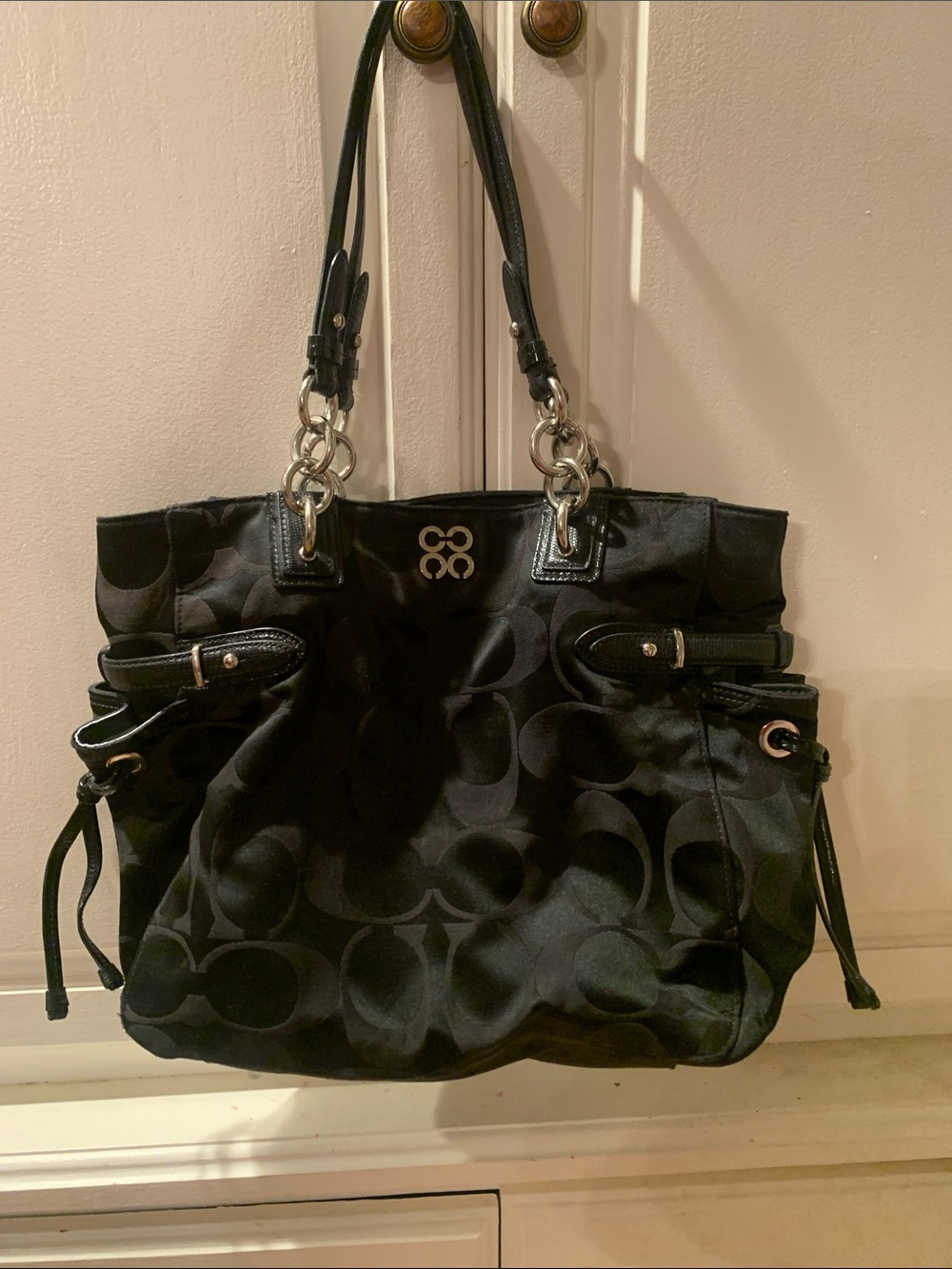 Coach Black Signature Shoulder Bag with Chain-Link Straps